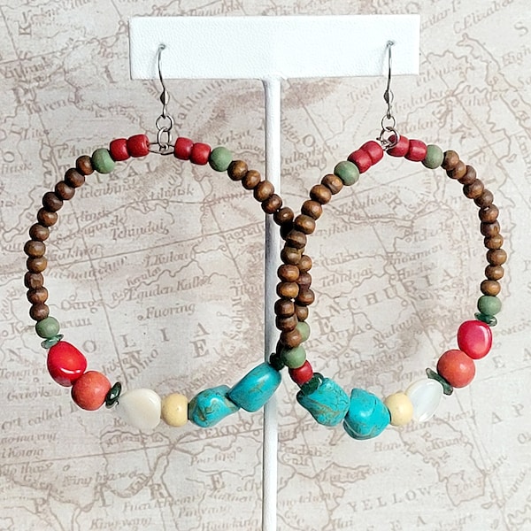 Large Hoop Earrings Boho Chic, Sustainable Gift Under 35, Eco Friendly Gift for Her, Recycled Fashion Ecocrafting, Turquoise & Coral, Wood