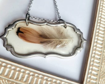 Feather Boho Style Necklace | Resin necklace with Upcycled silk Feather in resin Handmade | Nature jewelry Under 50 | OOAK gift for her