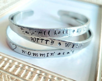 Mommin' Ain't Easy Cuff Bracelet, Gift for Mom, Humorous Mom Gift, Hand Stamped Cuff Bracelet, Adjustable Silver Cuff, Stamped Bracelet