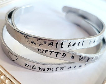 Witty and Wise Stamped Cuff Bracelet, Gift for Graduate, Quote Bracelet, Stamped Bracelet, Word Jewelry, Wise Woman, New Job, Promotion Gift