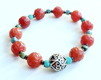 Beaded Stretch Bracelet for Women, African Turquoise and Carnelian Bracelet, Spiritual Gift for Women, Carnelian Jewelry Gift for Mother