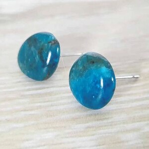 May include: A pair of blue gemstone earrings with silver posts. The gemstones are round and have a slightly irregular shape.