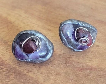 Raw Amethyst Stud Earrings, Gemstone Studs, Reiki Jewelry, Assymetrical Earrings, Multistone Earrings, Wirewrapped Multistone Studs