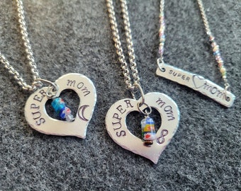 Handstamped Super Mom Necklace, Mother's Day's Gift for Best Friend, Silver Heart Jewelry Birthday Gift for Mom, Just Because Gift for Wife