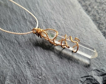 Gold Tone Wirewrapped Crystal Necklace, Clear Quartz Pendant, Spiritual Gifts for Best Friend, Boho Layering Necklace, Witchy Gift for Her