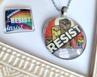 Rainbow Resist Necklace, Unisex Jewelry, LGBTQ Jewelry, Insist Resist Persist, Rainbow pendant, Revolution Jewelry, Blm necklace