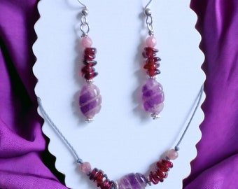 Garnet Lepidolite & Amethyst Crystal Earrings, February Birthstone Necklace, Spiritual Gift Jewelry Set, Handmade Birthday Gift for Sister