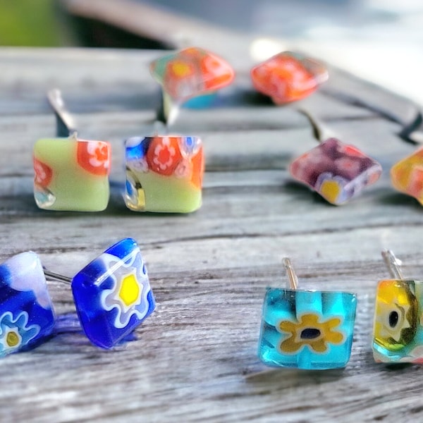 Colorful Millefiori Glass Flower Stud Earrings, Small Square Studs for Preschool Teacher, Handmade Birthday Gifts for Her, Minimalist Jewely