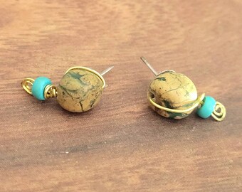 Jasper Stud Earrings, Jasper & Turquoise, Spiral Brass Earrings, Small Earrings, Minimalist Earrings, Gift for Her,