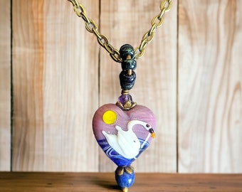Blue and Purple Lampwork Glass Swan Necklace, Heart Shaped Swan Art Jewelry, Unique Birthday Gift for Sister, Spiritual Gifts for Daughter