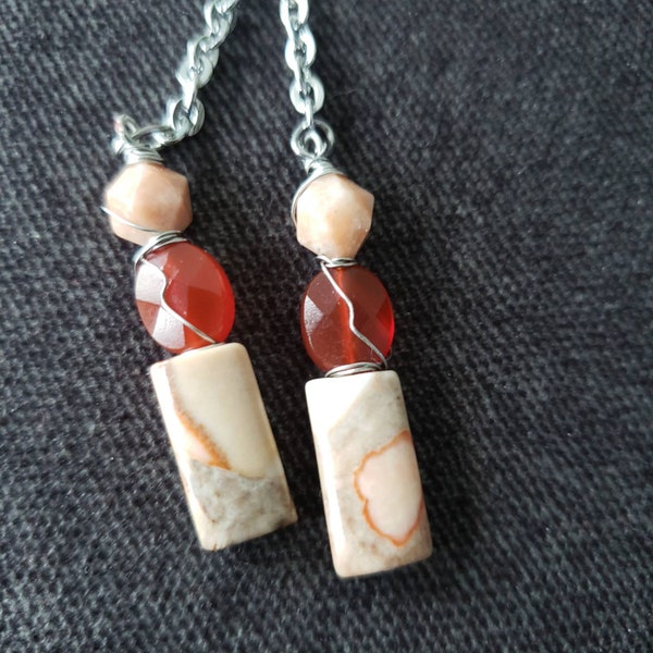 Multistone Earrings Dangle with Peach Moonstone, Carnelian & Jasper Jewelry, Boho Chic Gifts for Her Under 35, Long Earrings Handmade Gifts