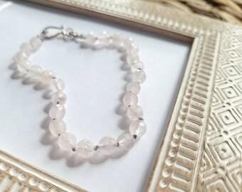 Rose Quartz Bracelet, 925 Sterling Clasp Bracelet, Hand Knotted Bracelet, Faceted Rose Quartz Beads, Gift for Her, Soft Pink Jewelry, 7.75"