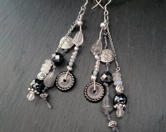 Gray & Black Crystal Earrings Dangle, Spiritual Gifts for Best Friend, Whimsigoth Birthday Gift for Her, Dark Academia Jewelry, Moonstone