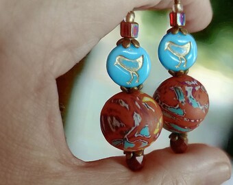 Polymer Clay Earrings Dangle, Cottagecore Blue Bird Earrings for Best Friend, Artisan Jewelry, Unique Gift for Women Novelty Earrings Orange