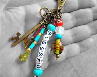 Blessed Evil Eye Purse Charm, Turquoise Keychain Boho, Unique Gifts Under 25, Inspirational Key Chains Birthday Gift for Friend, Zipper Pull