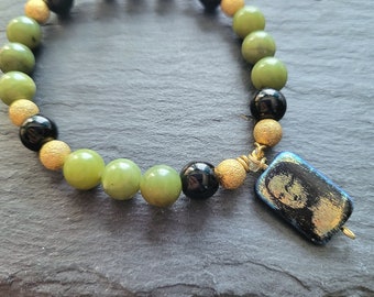 Mona Lisa Bracelet, Birthday Gift for Artsy Girl, Korean Jade Black Jasper Stretch Bracelet, Famous Paintings Artist Gifts for Art Teacher