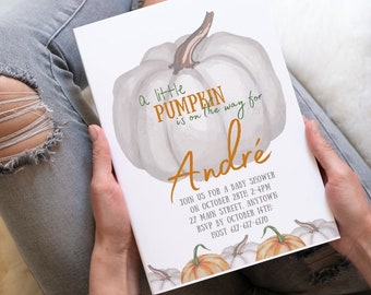 Personalized Gray Watercolor Pumpkin Baby Shower Invitation, Thanksgiving Shower Invite Artistic Style, Autumn Digital File Text Invitation