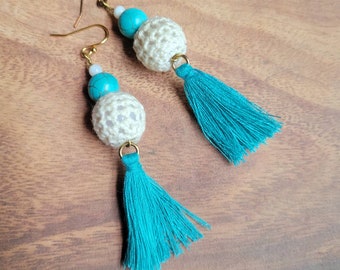 Turquoise Tassel Earrings, Blue Tassels, Boho Jewelry, Crochet Earrings, Crochet Jewelry, Festival Fashion, Summer Jewelry