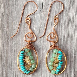 Copper and Crystal Earrings Dangle, Wirewrapped Aventurine, Birthday Gift for Women, Turquoise December Birthstone, Unique Gifts Under 40