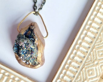 Clay and Druzy Quartz Pendant with Brass, Polymer Clay Jewelry, Raw Stone Necklace, Crystal Pendant, Unisex Jewelry, Hippie Jewelry