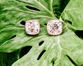 14K Gold Bezel Old Mine Cut CZ Diamond Paste Stud Earrings