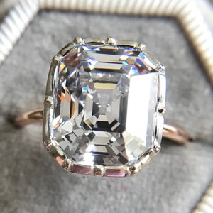 Georgian Victorian Style Solitaire Engagement Ring with Antique Asscher Cut Cubic Zirconia CZ Diamond Paste Sterling Silver 14k image 4