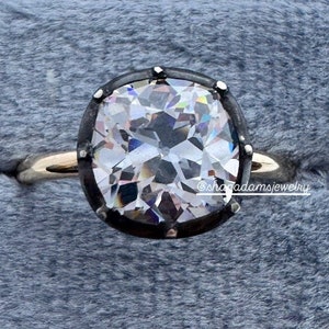 Georgian Victorian Style Solitaire Engagement Ring with OMC (Old Mine Cut Cushion) Diamond Paste CZ on 14K Gold Band