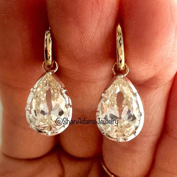 Georgian Victorian Style Hoop Charms w/ Antique Pear Cut Diamond Paste Cubic Zirconia