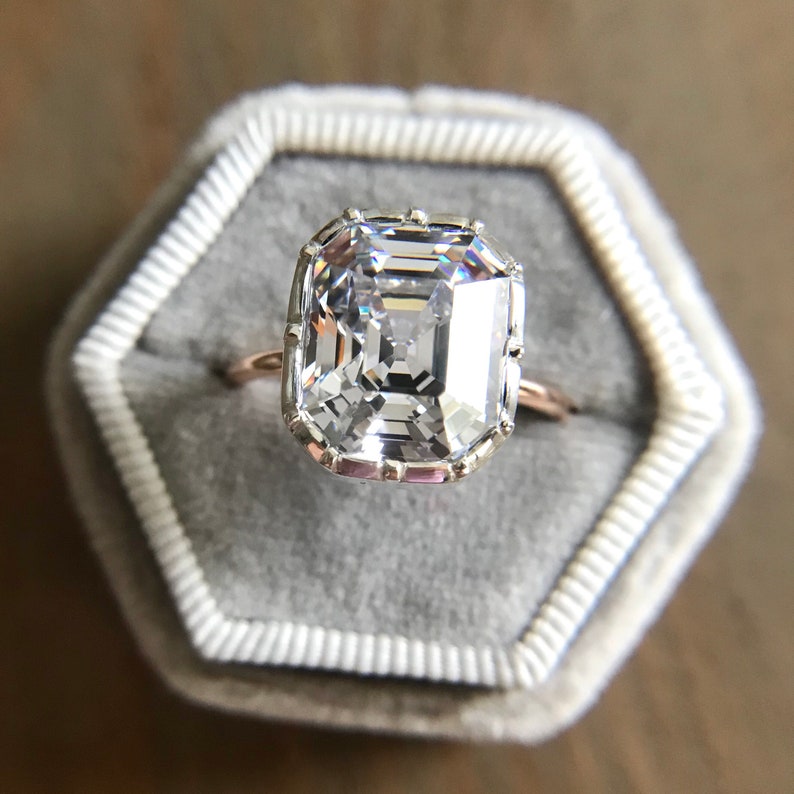 Georgian Victorian Style Solitaire Engagement Ring with Antique Asscher Cut Cubic Zirconia CZ Diamond Paste Sterling Silver 14k image 4