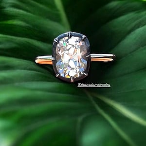 Georgian Victorian Style Engagement Ring with Elongated Cushion Rose Old Mine Cut Diamond Paste CZ Small