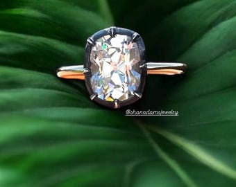 Georgian Victorian Style Engagement Ring with Elongated Cushion Rose Old Mine Cut Diamond Paste CZ Small