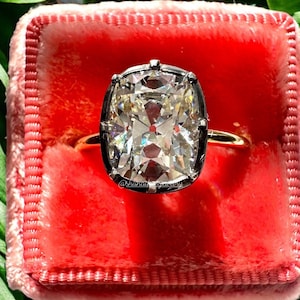 Georgian Victorian Style Engagement Ring with Elongated Cushion Rose Old Mine Cut Diamond Paste CZ