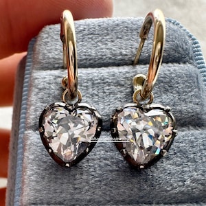 Georgian Victorian Style Hoop Charms w/ Antique Heart Cut Diamond Paste Cubic Zirconia