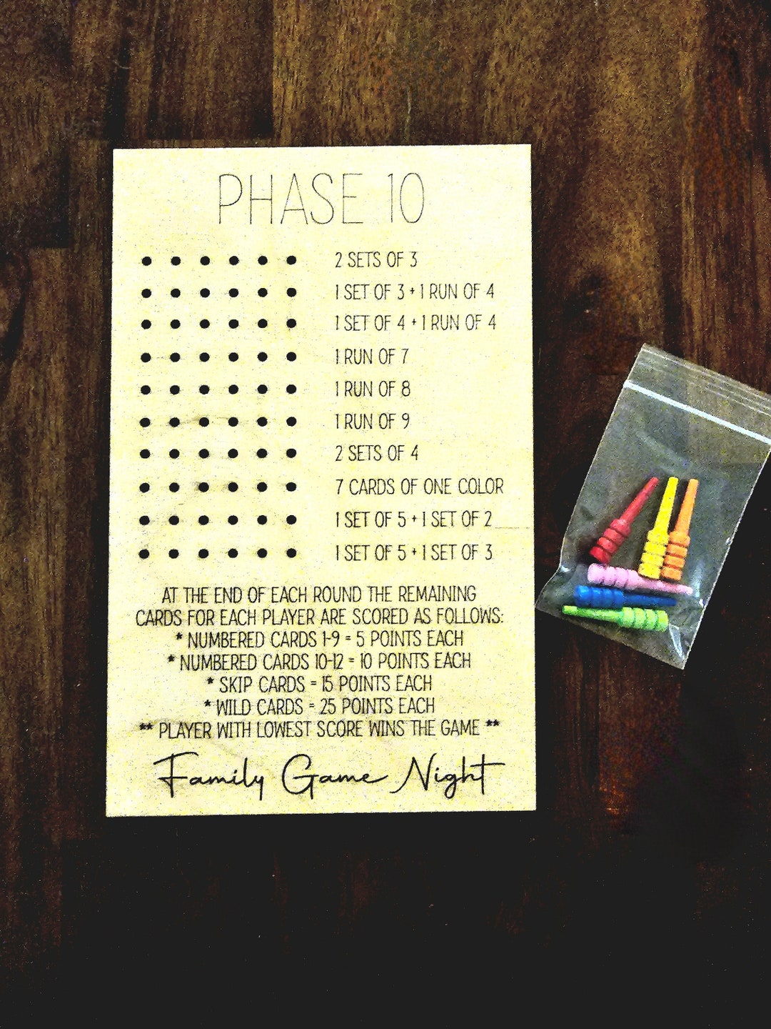 Phase 10 phase tracker board with pegs
