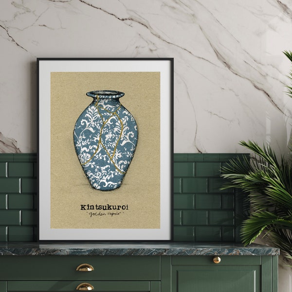 Fine Art Print 'Kintsukuroi Vase, Golden Repair' - Hand-finished w/Gold Paint Kintsugi Gift Healing Restoration Inspirational Art A3 A4 A5