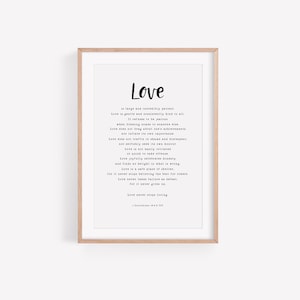 B+W Print 'Love is large and incredibly patient..' 1 Corinthians 13:4-8 TPT Passion Translation Bible Christian Marriage Wedding Anniversary