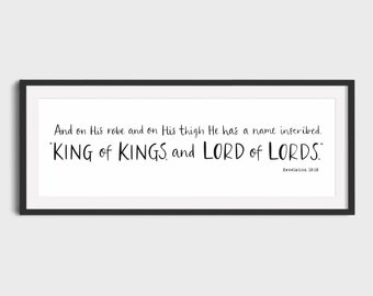 B+W Print 'King of Kings and Lord of Lords' Revelation 19:16 Panoramic Wall Sign Bible Verse Jesus Christ Christian Faith Encouragement