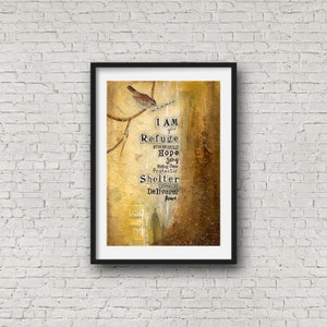 Fine Art Print 'God will take care of you /I AM your Refuge' Sparrow Good Shepherd Father Child Christian Encouragement Mixed Media A5 A4 A3