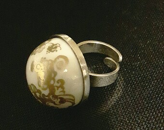 Norwegian Anne-Marie Ødegaard silver and porcelain ring for Porsgrund. Vintage