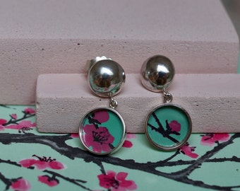 Silver earrings with cherry blossom drawing, Earrings in silver and mint green "Recycled, Reused", Sakura