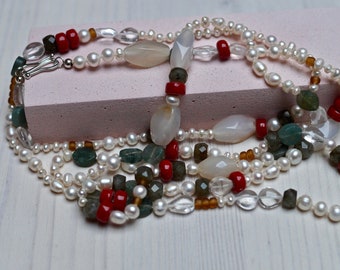 Long necklace with freshwater pearls, moonstone, ceramic beads, quartz and aventurine with a handmade silver S-hook