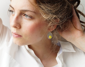 Oval silver earring with yellow Rocaille beads embroidered, contemporary jewelry