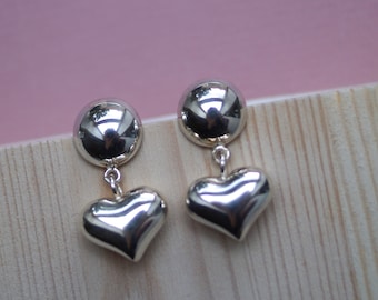 Heart Earrings with round shaped upper part, Silver Swinging Heart Earrings, Love Earrings, Sterling Silver Heart Earrings, Love Gift