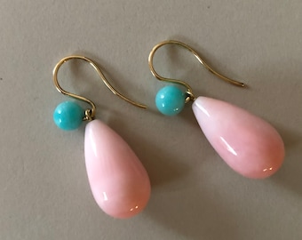 Earrings Pinkopal Pampeln and Amazonit balls with 585 yellow gold