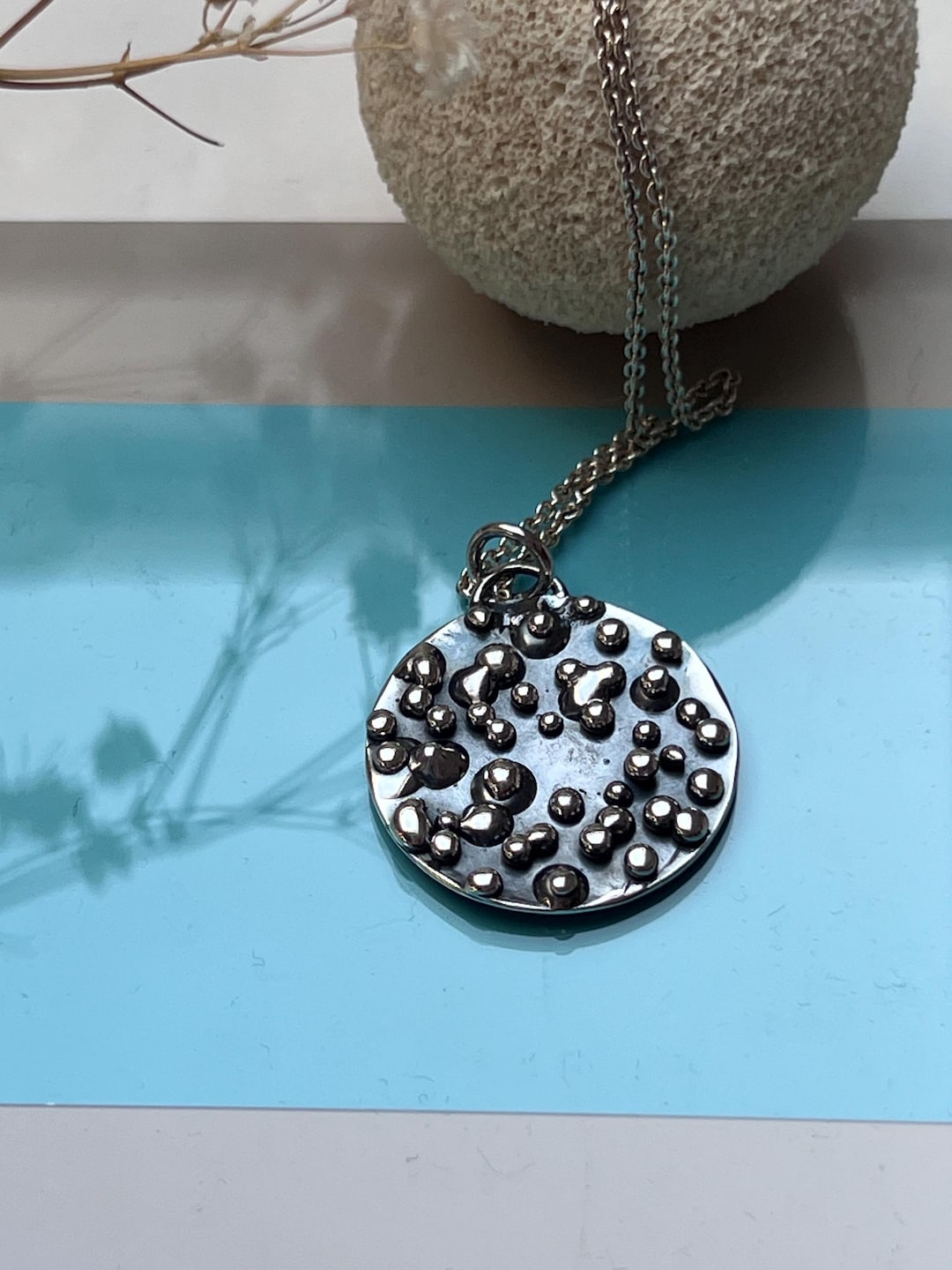 Round Pendant With Bead Structure Made of Blackened Silver, Oxidized ...