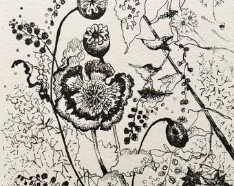 Original Art/ Wall Art/ Original Illustration/ Black and White Illustration/ Botanical Art