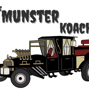 May include: The Munster Koach, a black and gold custom car with a hearse-like body, features a large, ornate grill, multiple exhaust pipes, and a red padded bench seat in the back.