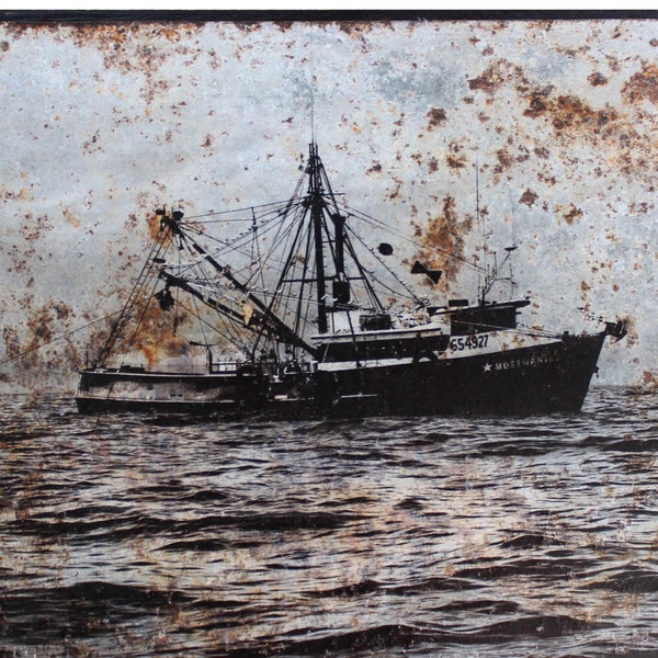 Shrimp Boat, offshore, photo artwork, transfer on rusty metal, old barn tin, 10.25 x 10.25 inches, black, grey