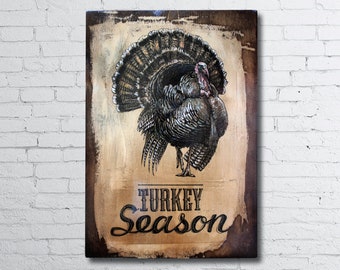 Turkey Season, print on wood, 16 x 11", hand-colored brown, transfer on wood, holiday decor