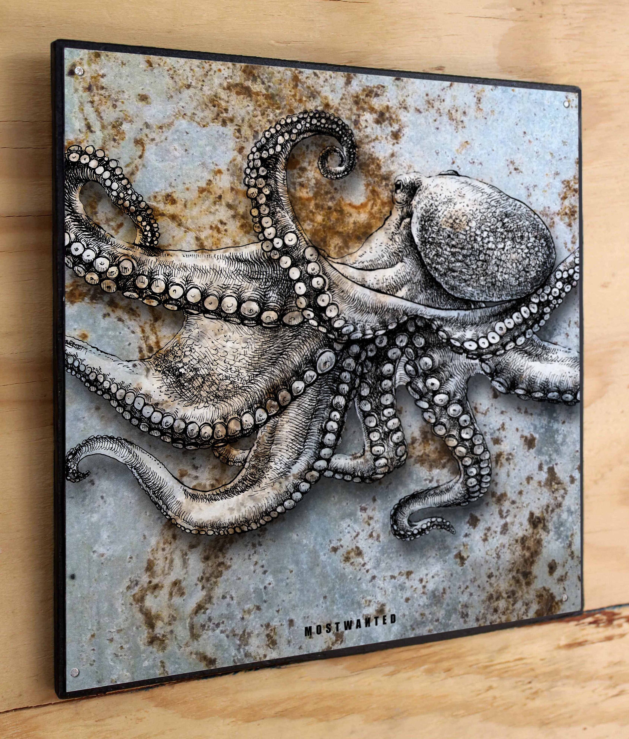 Octopus Pen & Ink Drawing Artwork Transfer on Rusty Metal Etsy